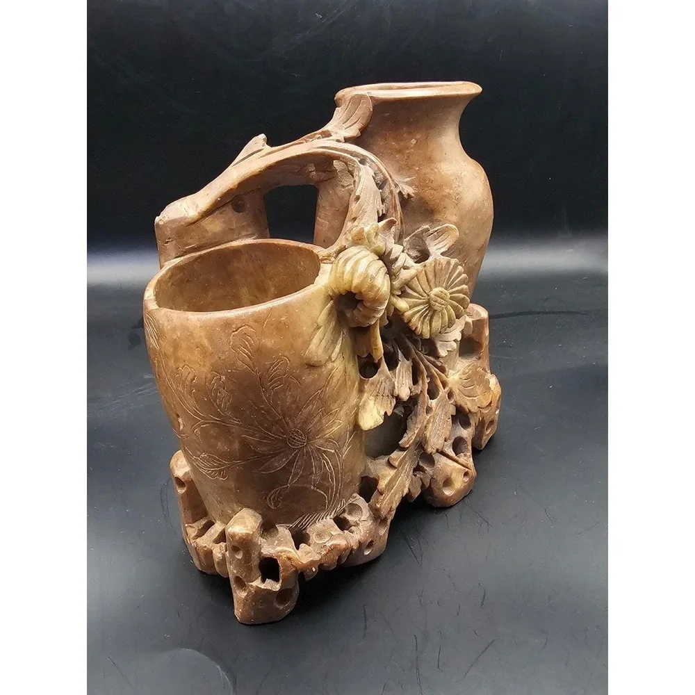 Vintage Chinese Soapstone Double Vase Hand Carved Floral Light Brown 6in SIGNED